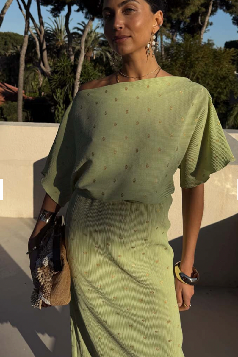 Never Fully Dressed Pistachio Tilly Off the Shoulder Dress
