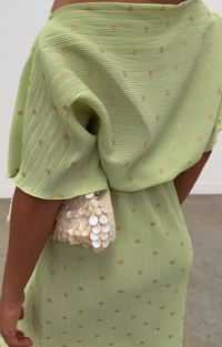 Never Fully Dressed Pistachio Tilly Off the Shoulder Dress