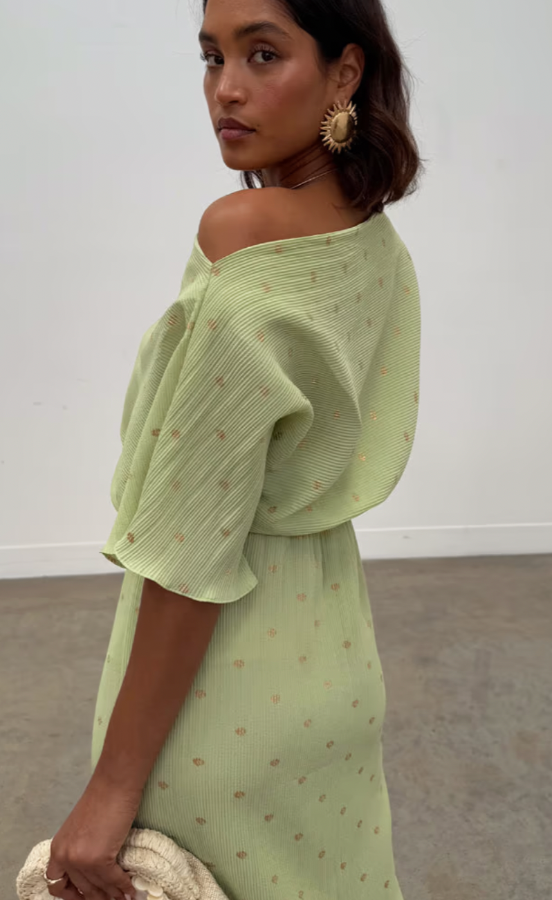 Never Fully Dressed Pistachio Tilly Off the Shoulder Dress
