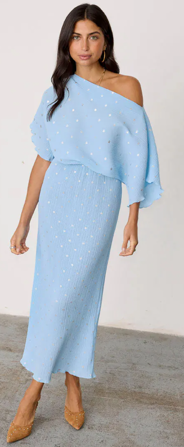 Never Fully Dressed Ice Blue Tilly Off the Shoulder Dress