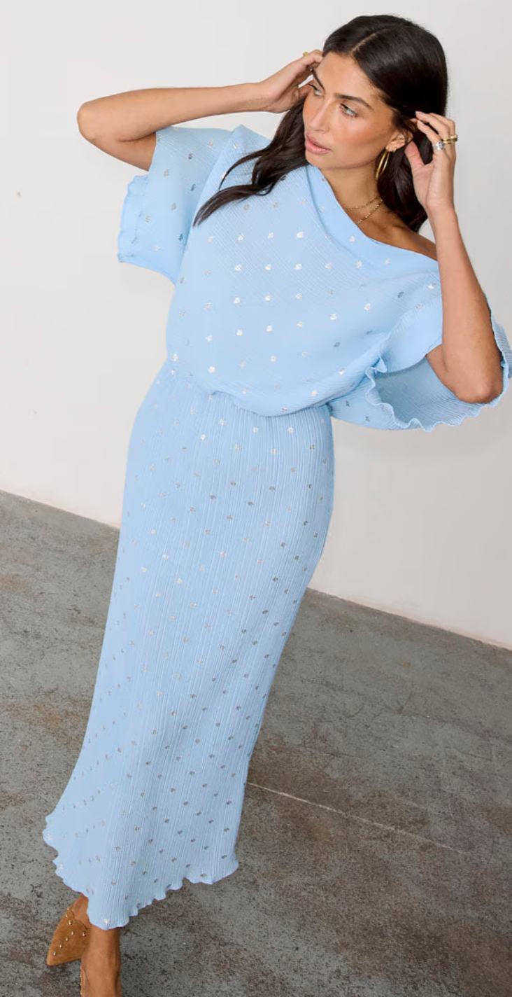 Never Fully Dressed Ice Blue Tilly Off the Shoulder Dress