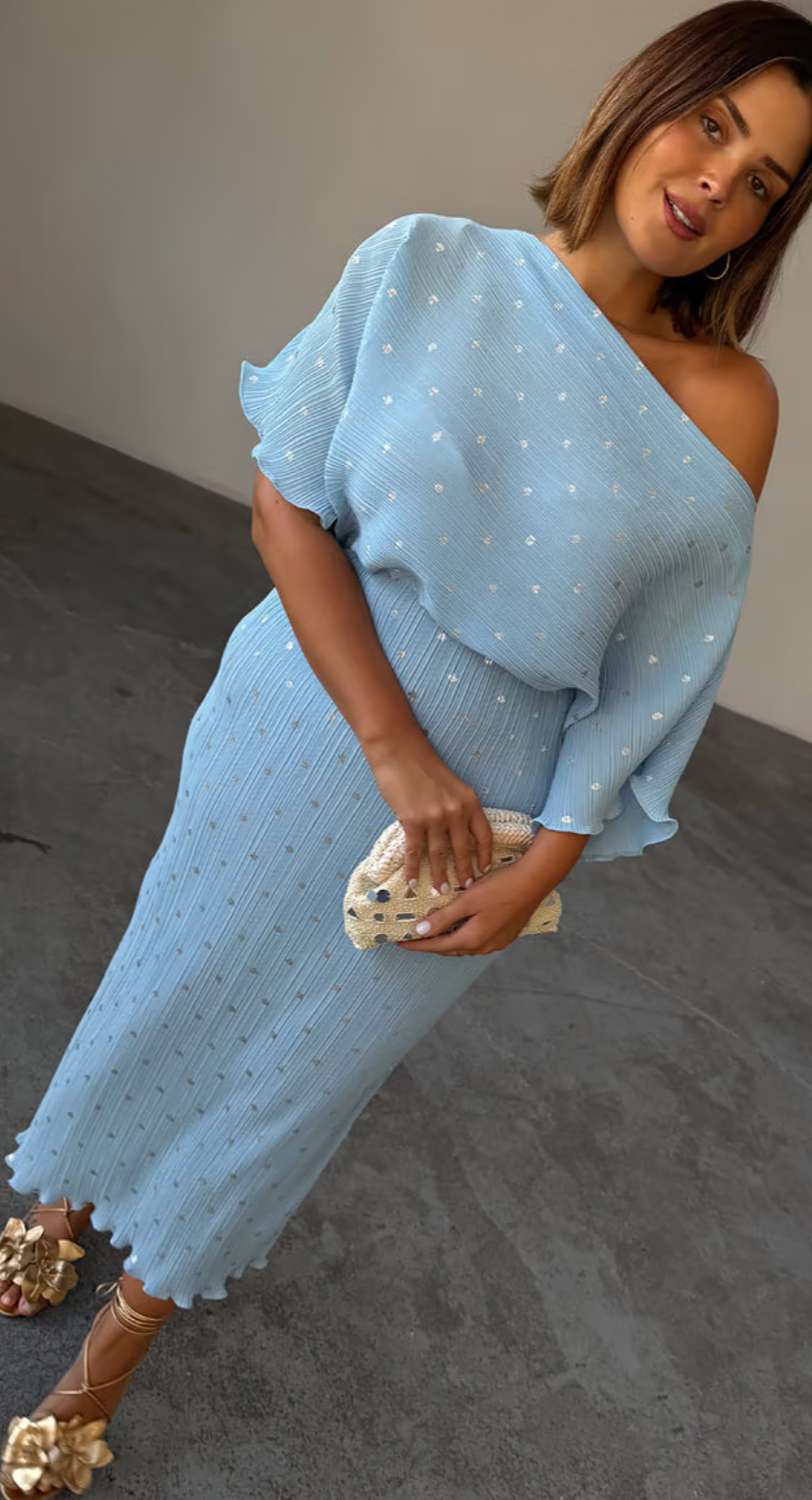 Never Fully Dressed Ice Blue Tilly Off the Shoulder Dress
