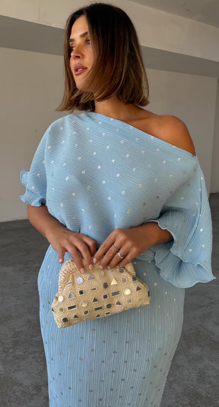 Never Fully Dressed Ice Blue Tilly Off the Shoulder Dress