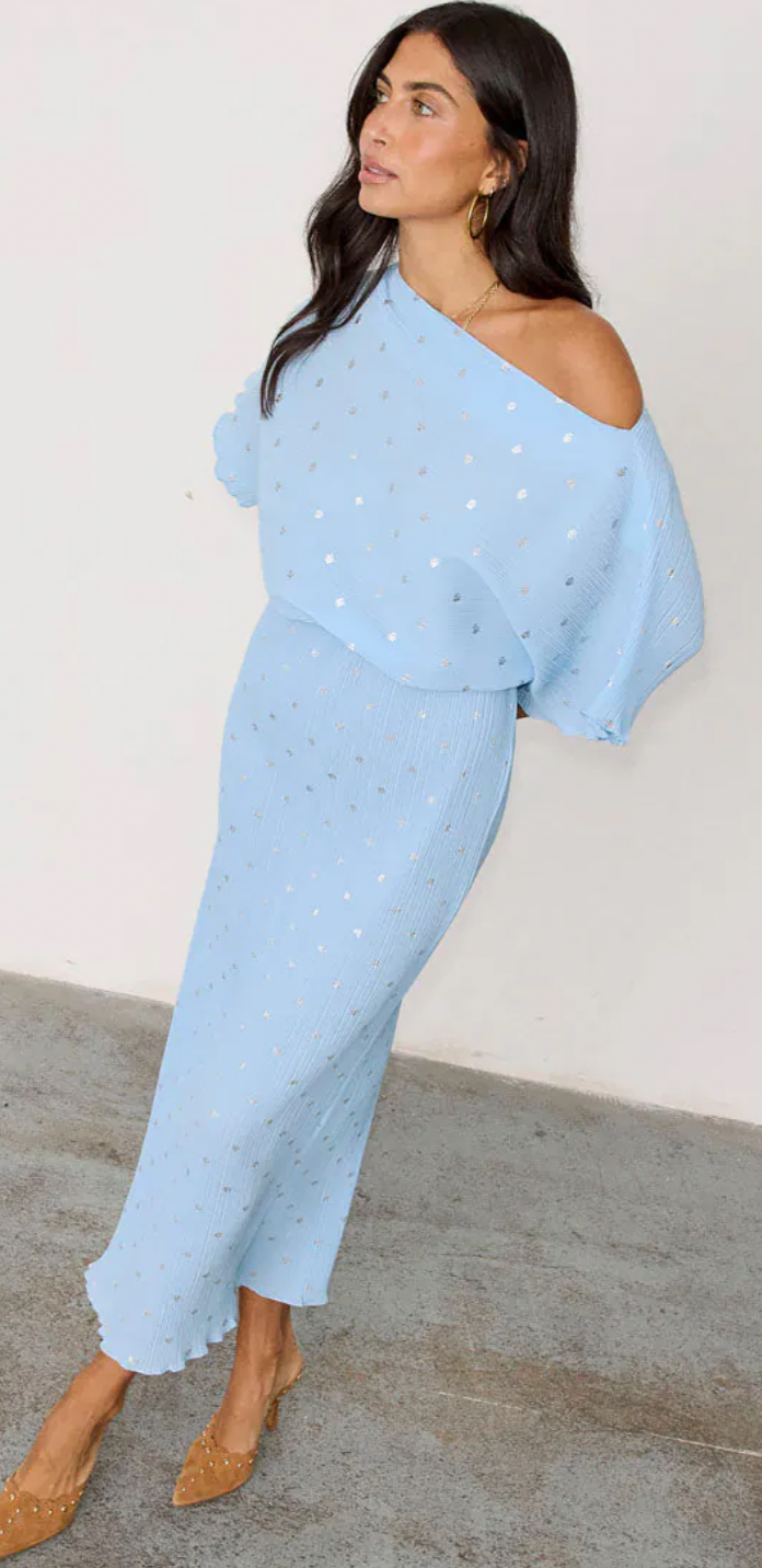 Never Fully Dressed Ice Blue Tilly Off the Shoulder Dress