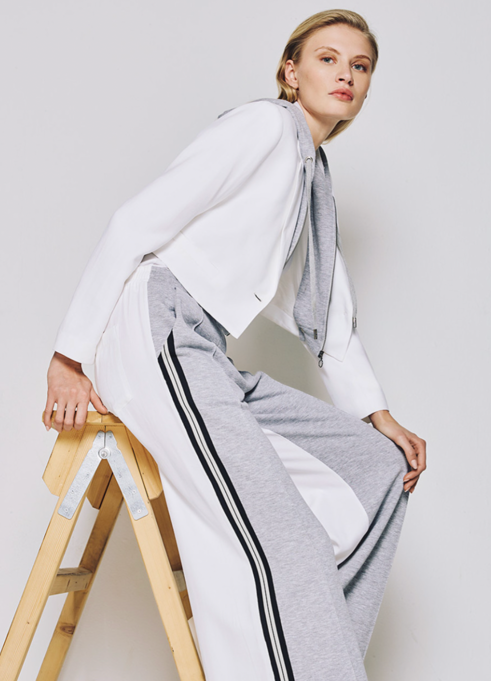 Access Fashion White Cropped Blazer with Grey Detachable Hood, 53-1033