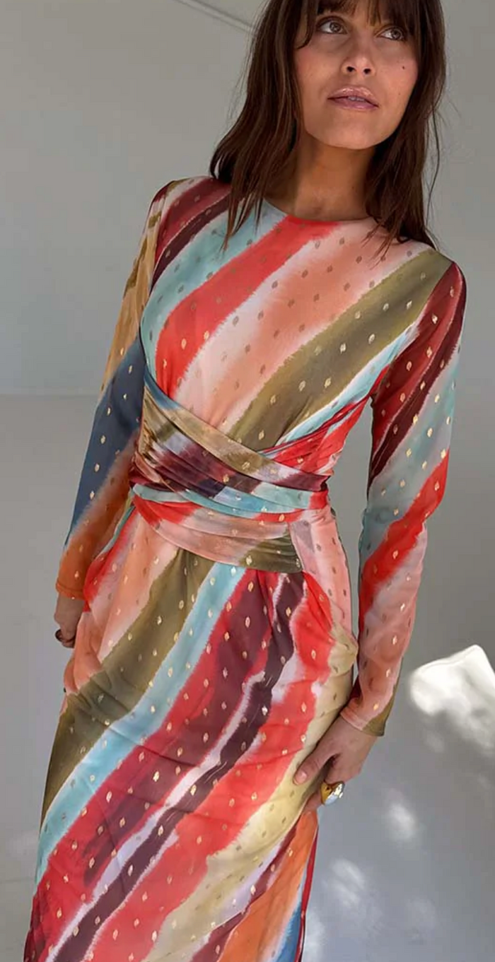 Never Fully Dressed Sunset Stripe Mesh Midi Dress