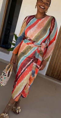 Never Fully Dressed Sunset Stripe Mesh Midi Dress