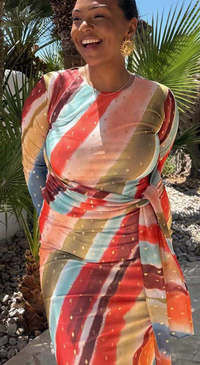 Never Fully Dressed Sunset Stripe Mesh Midi Dress