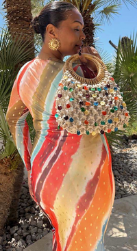 Never Fully Dressed Sunset Stripe Mesh Midi Dress