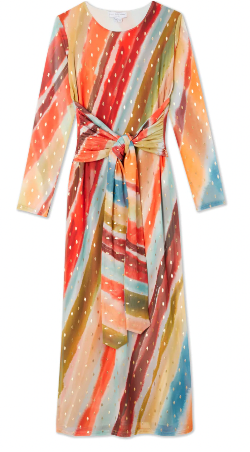 Never Fully Dressed Sunset Stripe Mesh Midi Dress