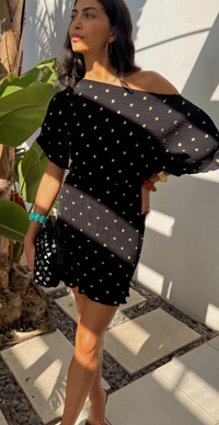 Never Fully Dressed Tilly Black Mini Plisse Off the Shoulder Dress