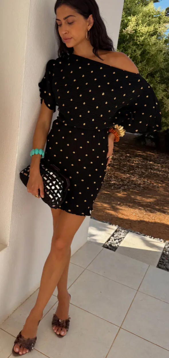 Never Fully Dressed Tilly Black Mini Plisse Off the Shoulder Dress