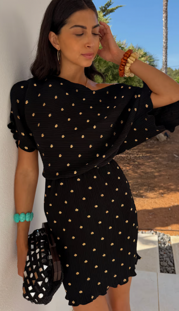 Never Fully Dressed Tilly Black Mini Plisse Off the Shoulder Dress