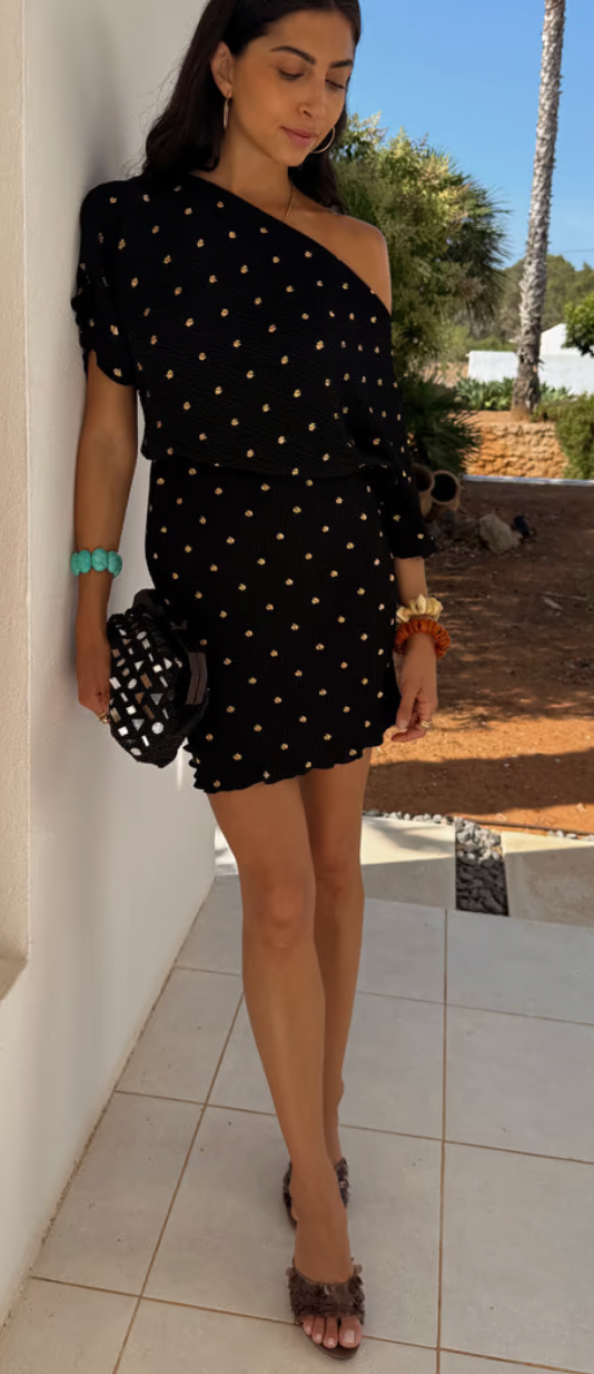 Never Fully Dressed Tilly Black Mini Plisse Off the Shoulder Dress