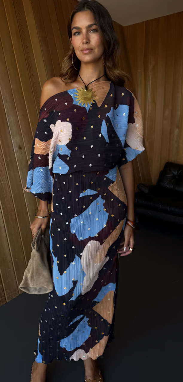 Never Fully Dressed Mara Chocolate Abstract Tilly Off the Shoulder Dress