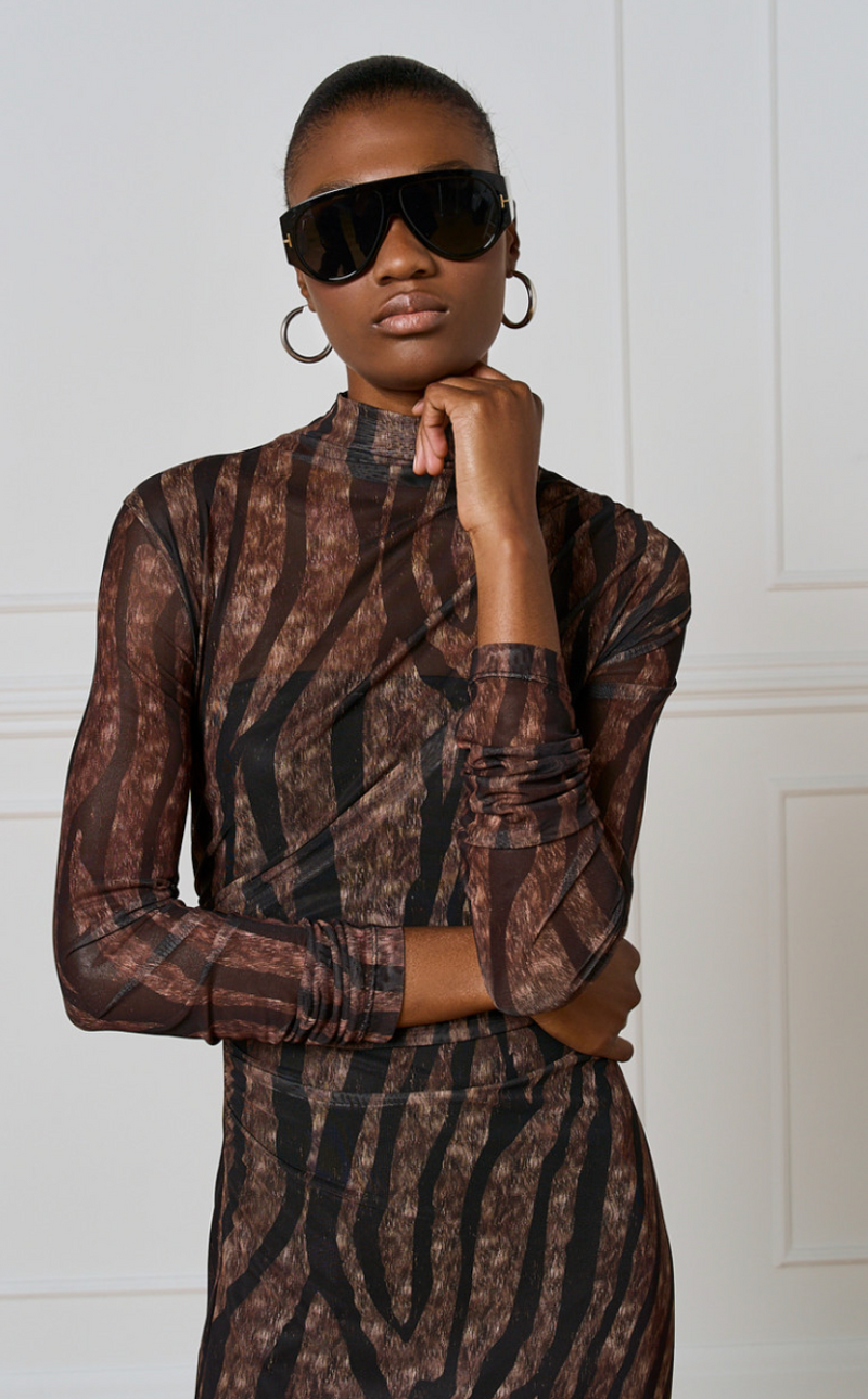 Access Fashion Brown Printed Midi Ruched Dress, 54-3352