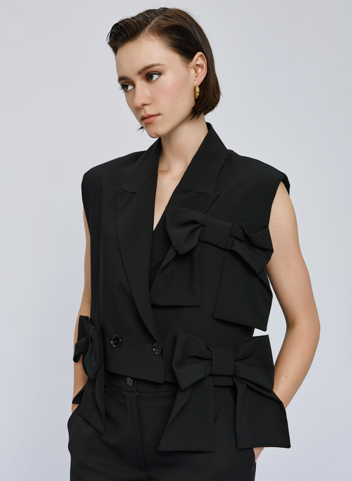 Access Fashion Black Sleeveless Jacket with Bows, 54-1012
