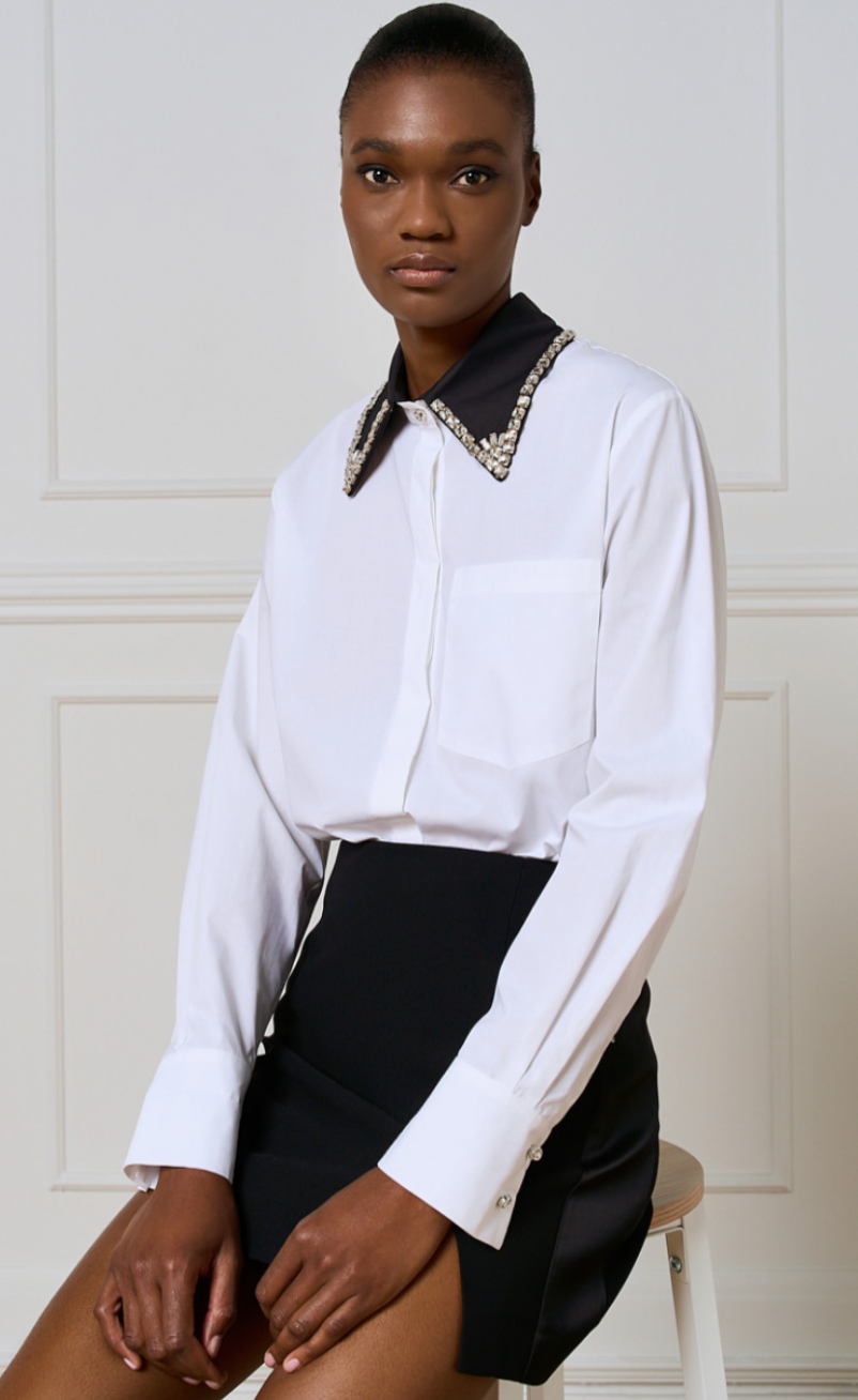 Access Fashion White Shirt with Black Rhinestone Detachable Collar, 54-7000