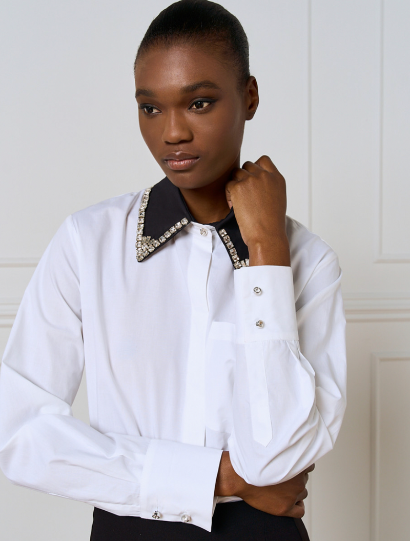 Access Fashion White Shirt with Black Rhinestone Detachable Collar, 54-7000