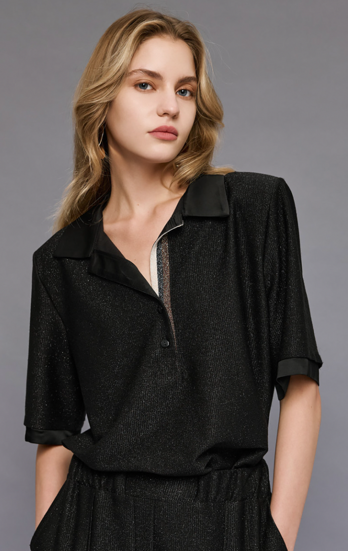 Access Fashion Black Lurex Sports Luxe Collar Top