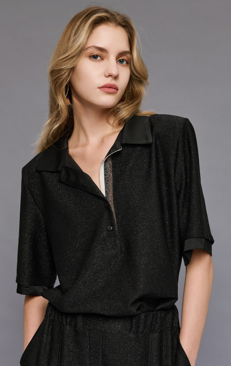 Access Fashion Black Lurex Sports Luxe Collar Top