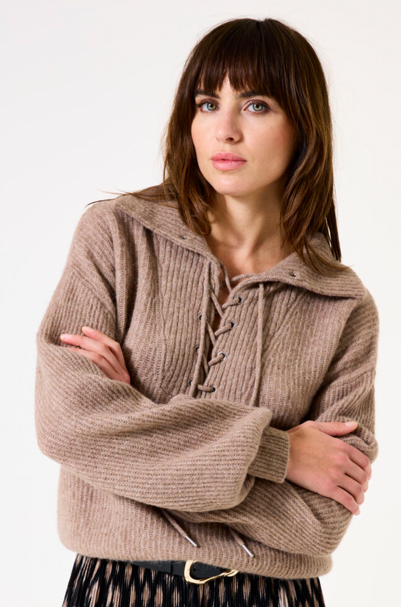 Garcia Taupe Beige Collar Knit with Lace Up Detailing, I50244