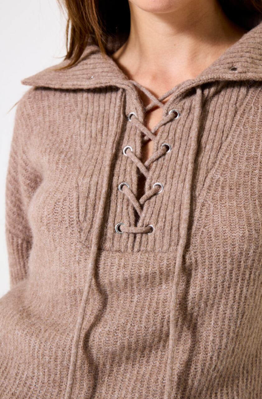 Garcia Taupe Beige Collar Knit with Lace Up Detailing, I50244