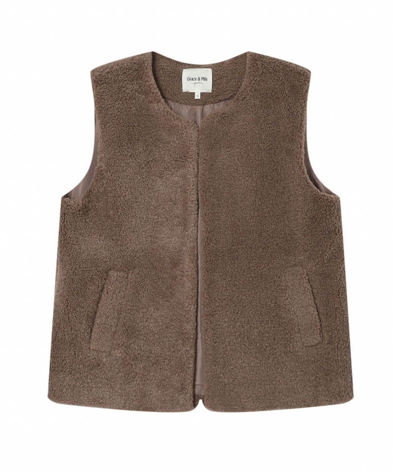 Grace & Mila Sinatra Taupe Brown Teddy Gilet