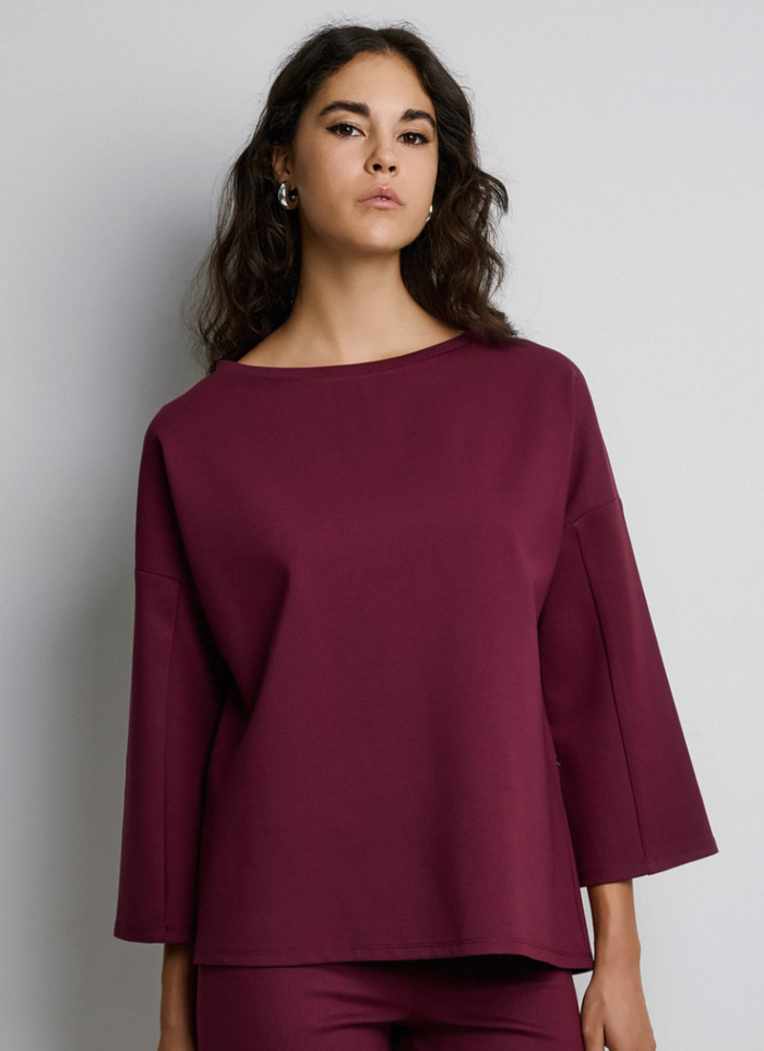Access Fashion Burgundy Boat Neckline Blouse with Embellishment