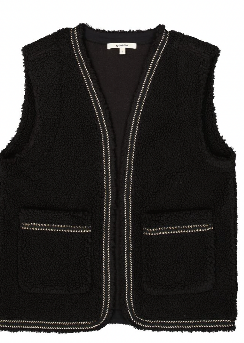 Garcia Black Teddy Gilet with Embroidery Detailing