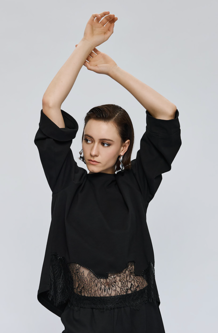 Access Fashion Black Top with Lace Trim