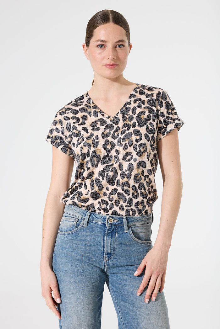 Garcia Ultimate V-Neck Beige Leopard T-Shirt, H50002