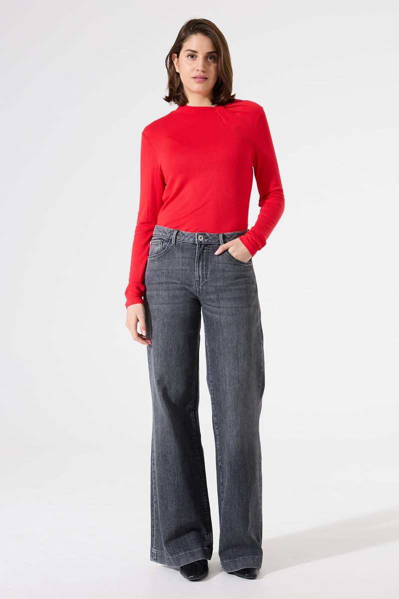 Garcia True Red Knot Neck Textured Basic Long Sleeve Top, I50212