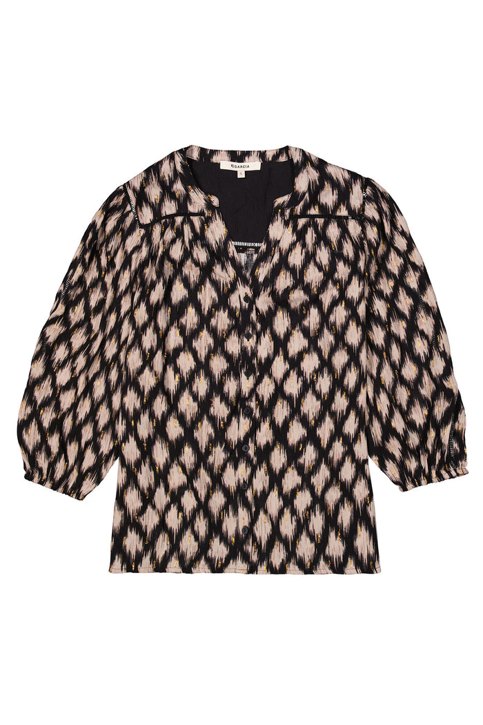 Garcia Black/Beige Printed V-Neck Blouse with Gold Metallic Detailing,  I50230