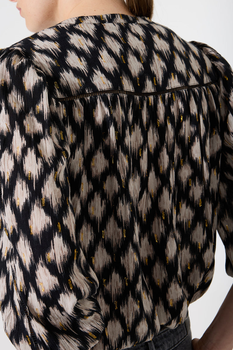 Garcia Black/Beige Printed V-Neck Blouse with Gold Metallic Detailing,  I50230