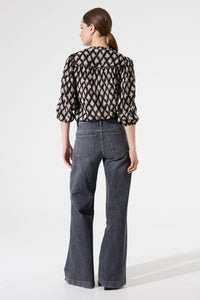 Garcia Black/Beige Printed V-Neck Blouse with Gold Metallic Detailing,  I50230