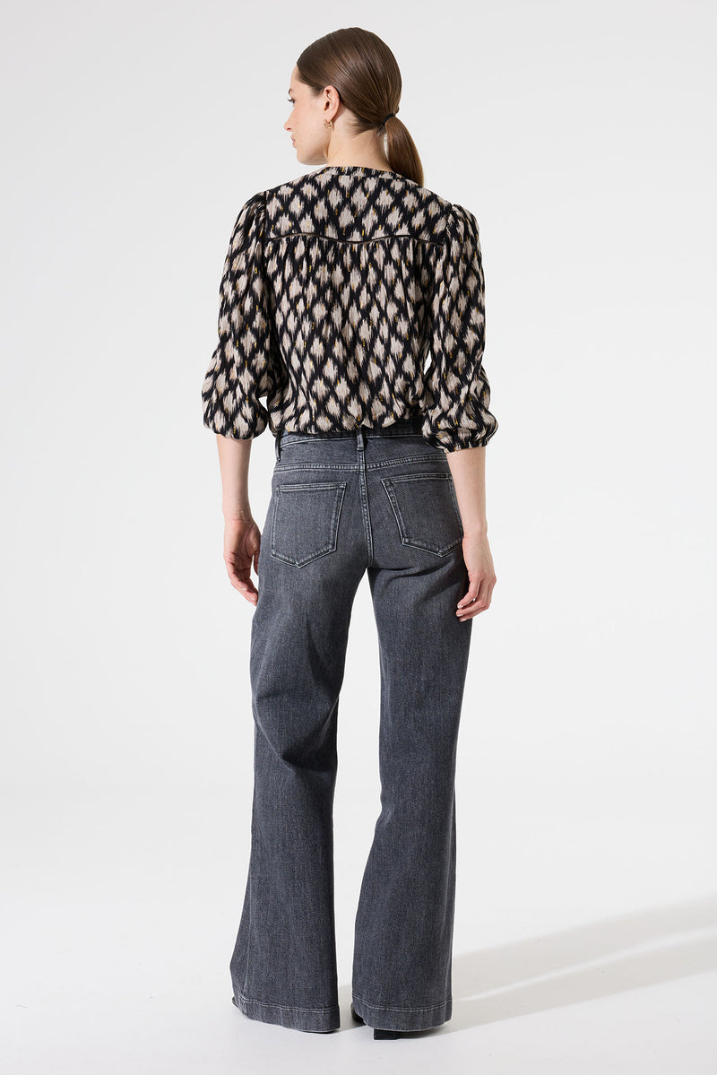 Garcia Black/Beige Printed V-Neck Blouse with Gold Metallic Detailing,  I50230