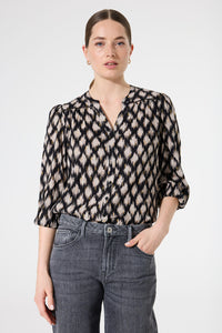 Garcia Black/Beige Printed V-Neck Blouse with Gold Metallic Detailing,  I50230