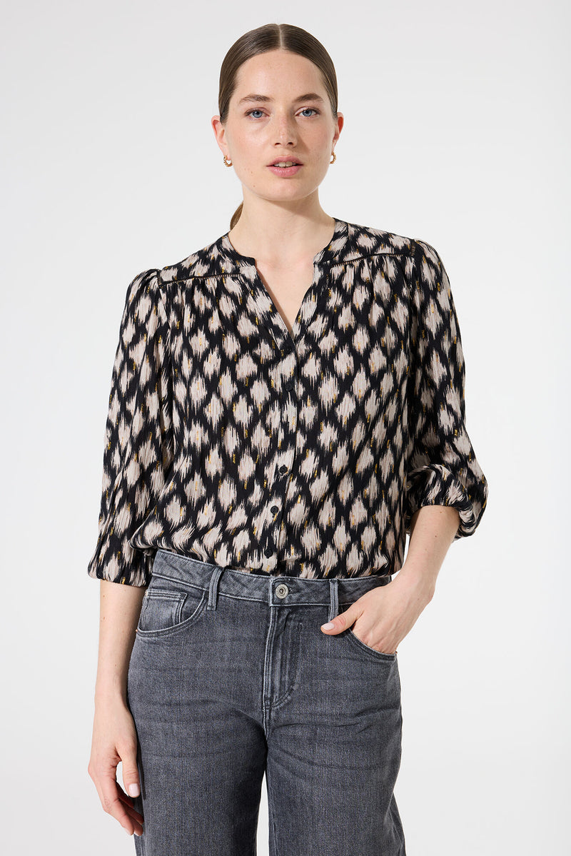 Garcia Black/Beige Printed V-Neck Blouse with Gold Metallic Detailing,  I50230