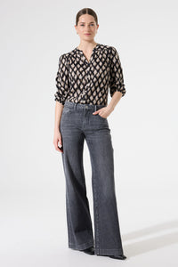 Garcia Black/Beige Printed V-Neck Blouse with Gold Metallic Detailing,  I50230