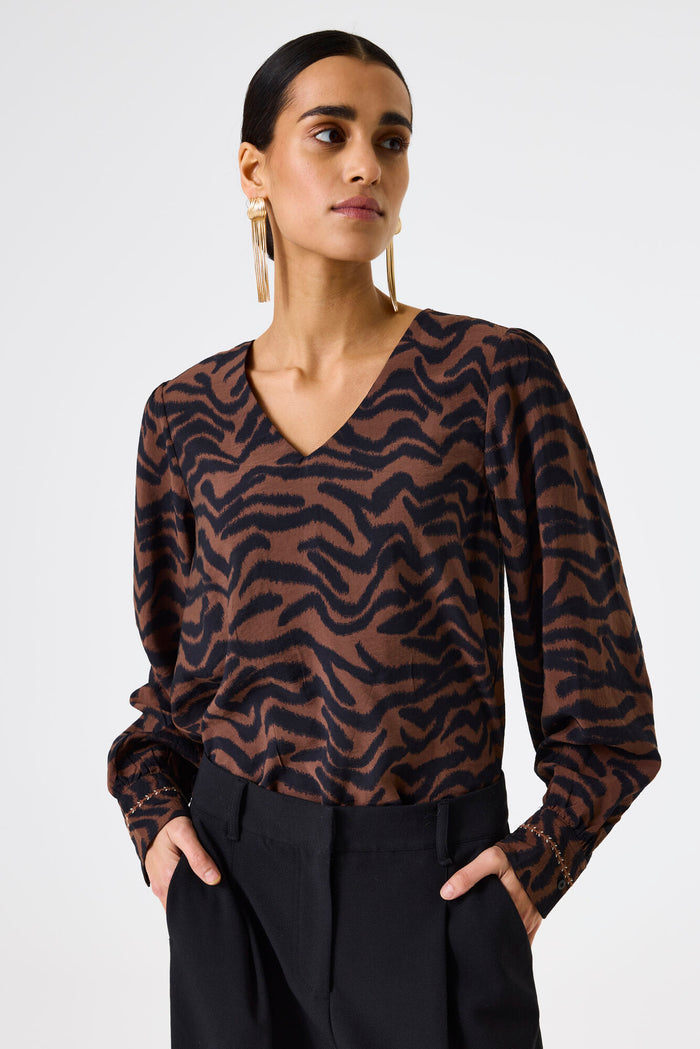 Garcia Chocolate Brown/Black Abstract Print V-Neck Blouse