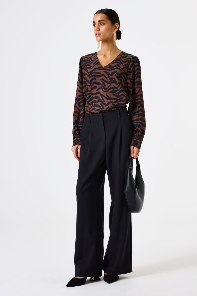 Garcia Chocolate Brown/Black Abstract Print V-Neck Blouse